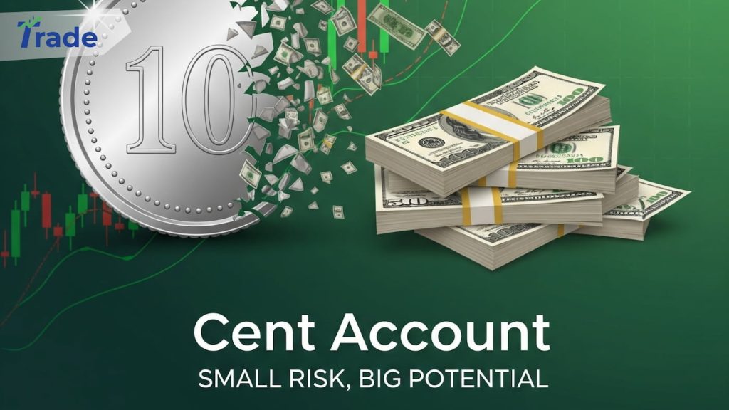 A trading graphic featuring a silver coin transforming into stacks of US dollar bills, with the headline "Cent Account" and the slogan "Small Risk, Big Potential" set against a green trading chart background.