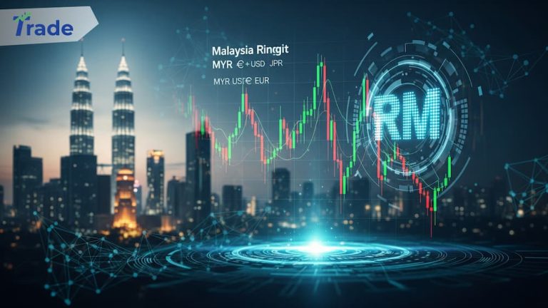 Malaysia forex market visualization showing MYR vs USD exchange rate fluctuations on a digital trading chart with KL city background.