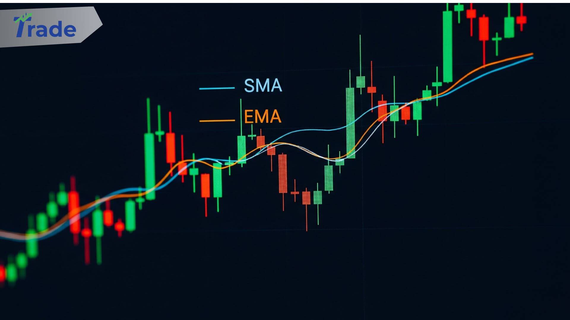 Hero image illustrating 'SMA vs EMA' with two distinct colored lines on a candlestick chart, symbolizing the battle between stability and speed in technical analysis.