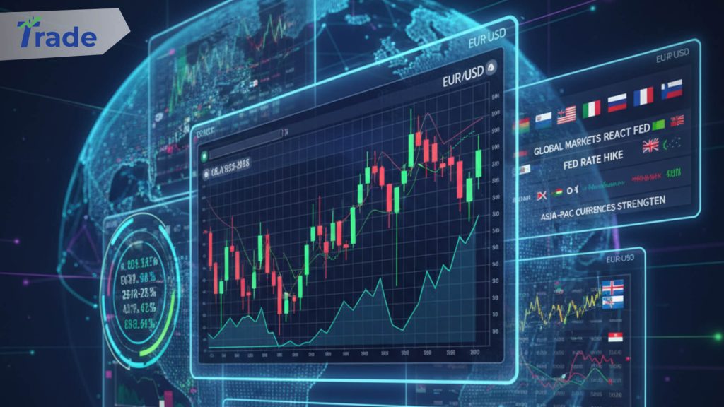 Digital screens displaying real-time forex charts, global market data, currency pairs, and financial news over a holographic earth, representing the comprehensive features of modern forex trading platforms.
