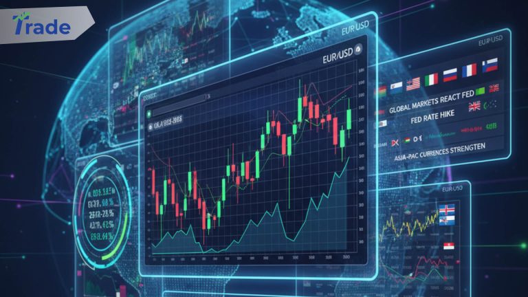 Digital screens displaying real-time forex charts, global market data, currency pairs, and financial news over a holographic earth, representing the comprehensive features of modern forex trading platforms.