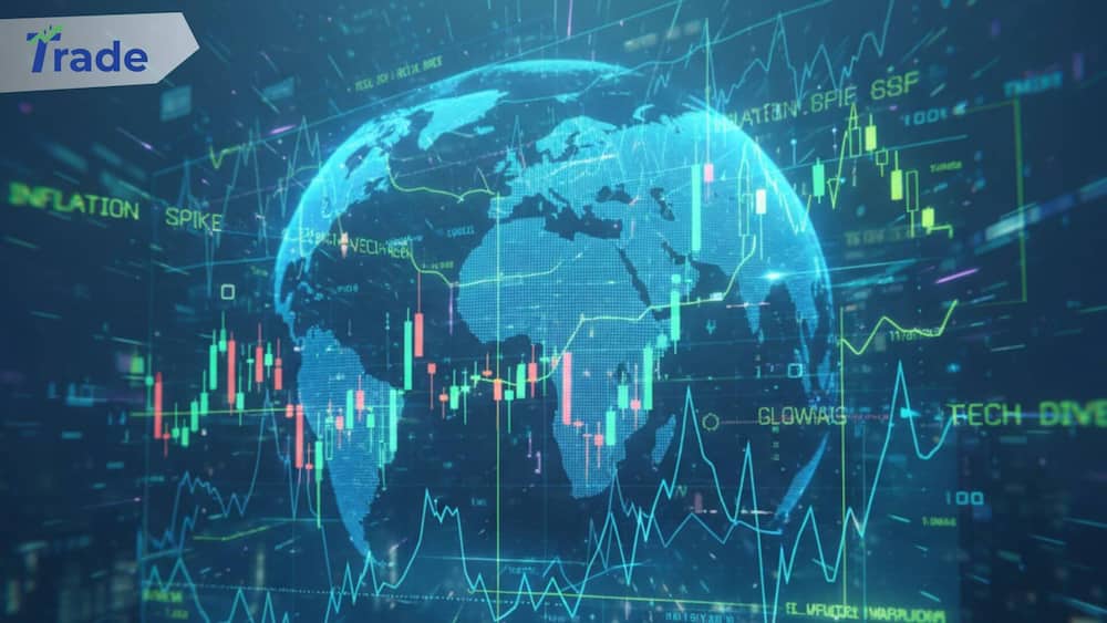 A futuristic digital globe surrounded by stock market candlestick charts and trend lines, featuring text indicators for 'Inflation Spike' and 'Tech Dive'.