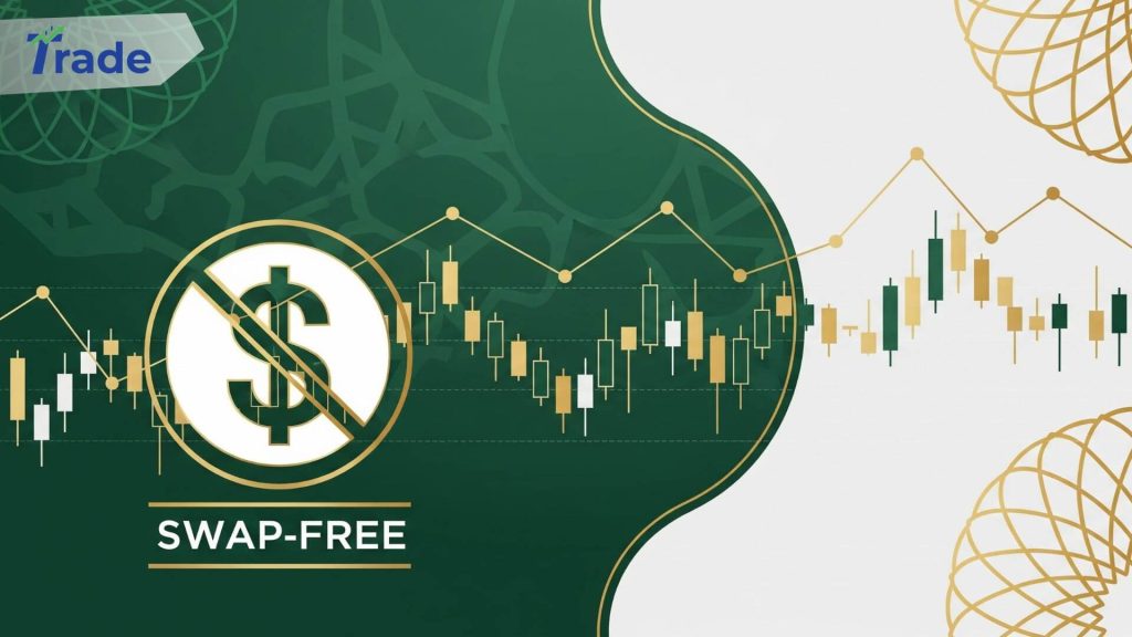 Muslim man trading Forex on computer, analyzing financial charts with a focus on Halal-compliant, swap-free trading.