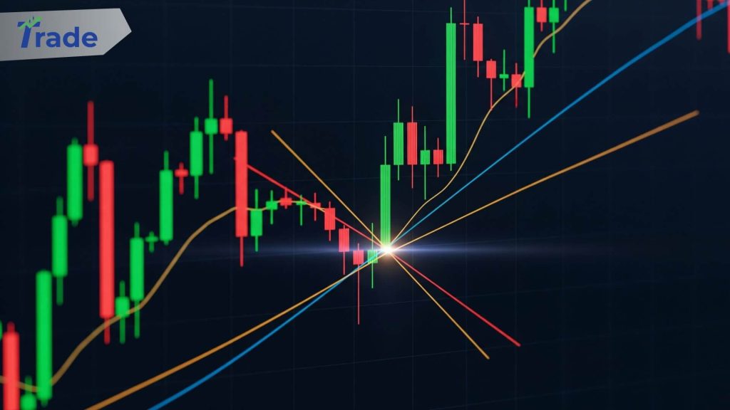 candlestick chart showing the moving average crossover strategy, with a fast MA (e.g., 9-period) crossing a slow MA (e.g., 21-period) to indicate either a bullish or bearish trading signal."