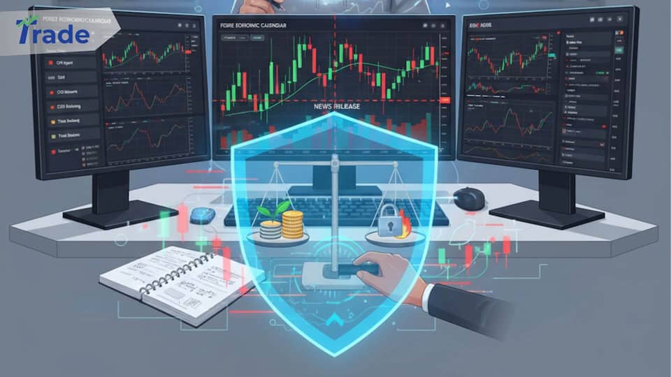 A professional trading desk setup with three monitors displaying financial charts, overlayed with a glowing blue shield and balance scale representing secure trading and risk management