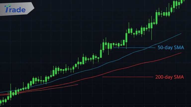 A clear stock chart displaying an uptrend, with the 50-day (blue) and 200-day (red) moving averages clearly labeled, illustrating the key indicators for a successful swing trading strategy.