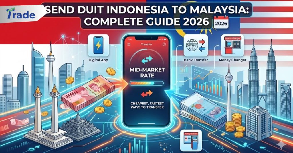 Infographic showing ways to send money from Indonesia to Malaysia using apps, bank transfers, and money changers.