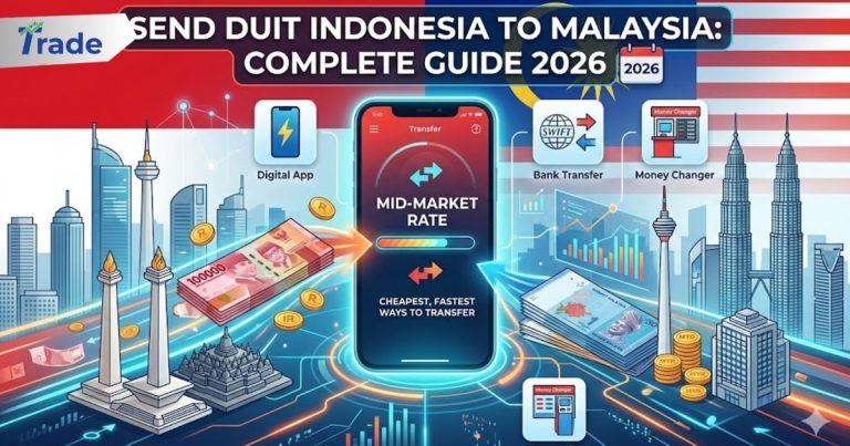 Infographic showing ways to send money from Indonesia to Malaysia using apps, bank transfers, and money changers.