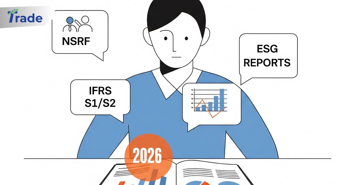 Illustration of professional reviewing ESG, IFRS S1/S2, and NSRF standards for corporate reporting in 2026.