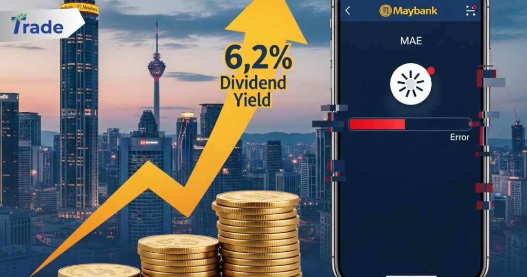 Maybank investment graphic showing 6.2% dividend yield, gold coins, and the MAE app against a city skyline.