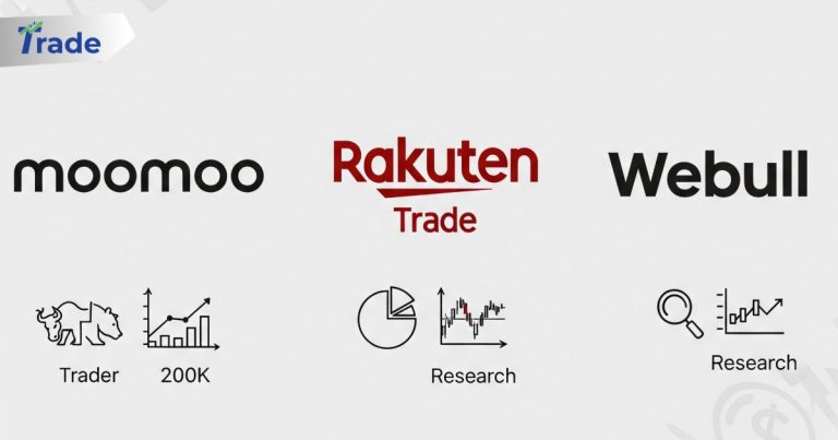 Logos of moomoo, Rakuten Trade, and Webull platforms with icons for trading, research, and analysis features.