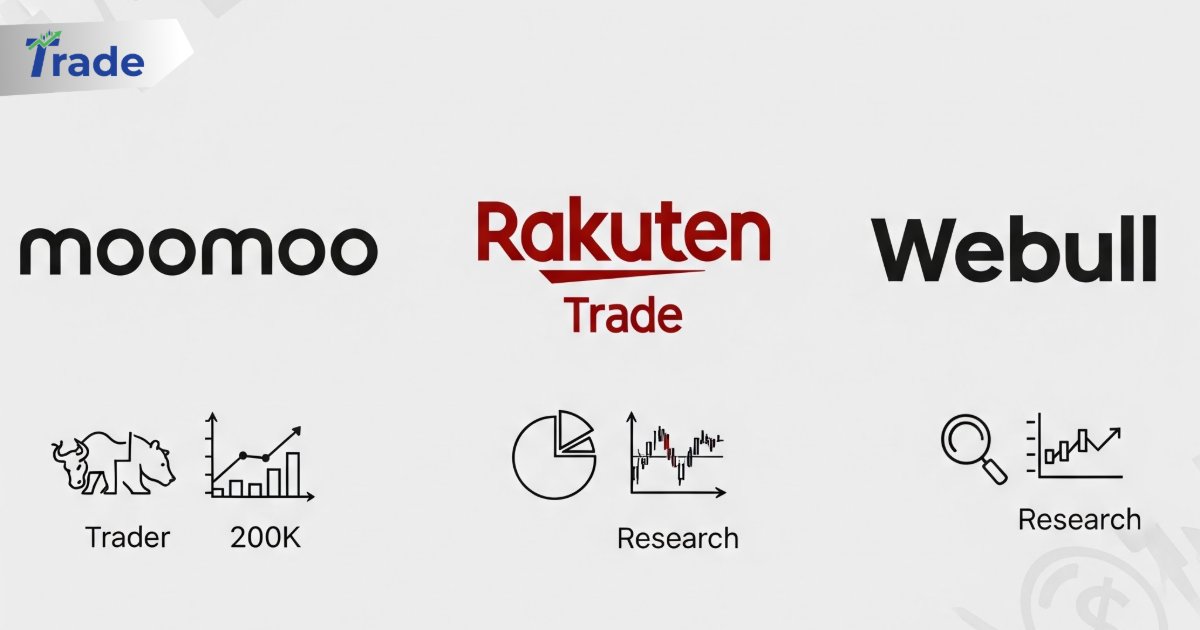 Logos of moomoo, Rakuten Trade, and Webull platforms with icons for trading, research, and analysis features.