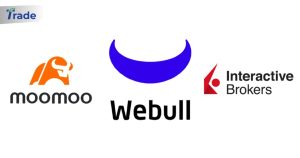 Logos of moomoo, Webull, and Interactive Brokers stock trading platforms.