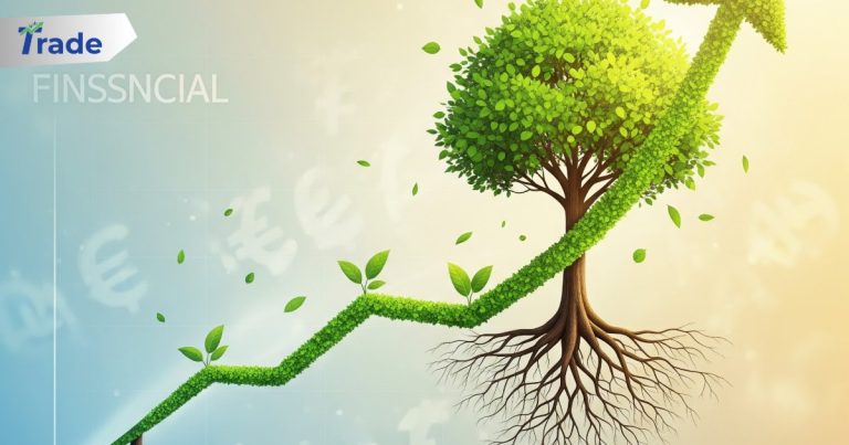 Illustrative tree with a green upward growth arrow, representing financial success and sustainable investing concepts.
