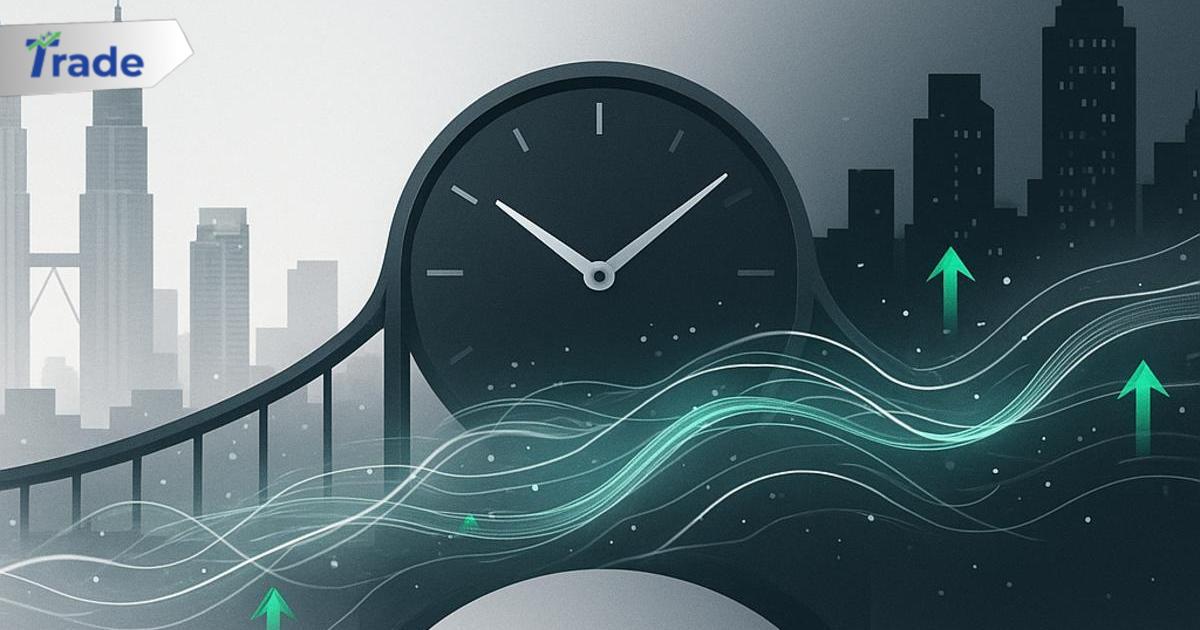 A sleek digital clock face morphs into a bridge connecting a bustling daytime Malaysian skyline to a nocturnal Wall Street silhouette, with ethereal streams of stock charts flowing continuously between them. Rendered in a clean, modern editorial illustration style, the composition uses crisp lines, a monochromatic palette accented by vibrant green upward arrows, evoking seamless global connectivity and uninterrupted opportunity.