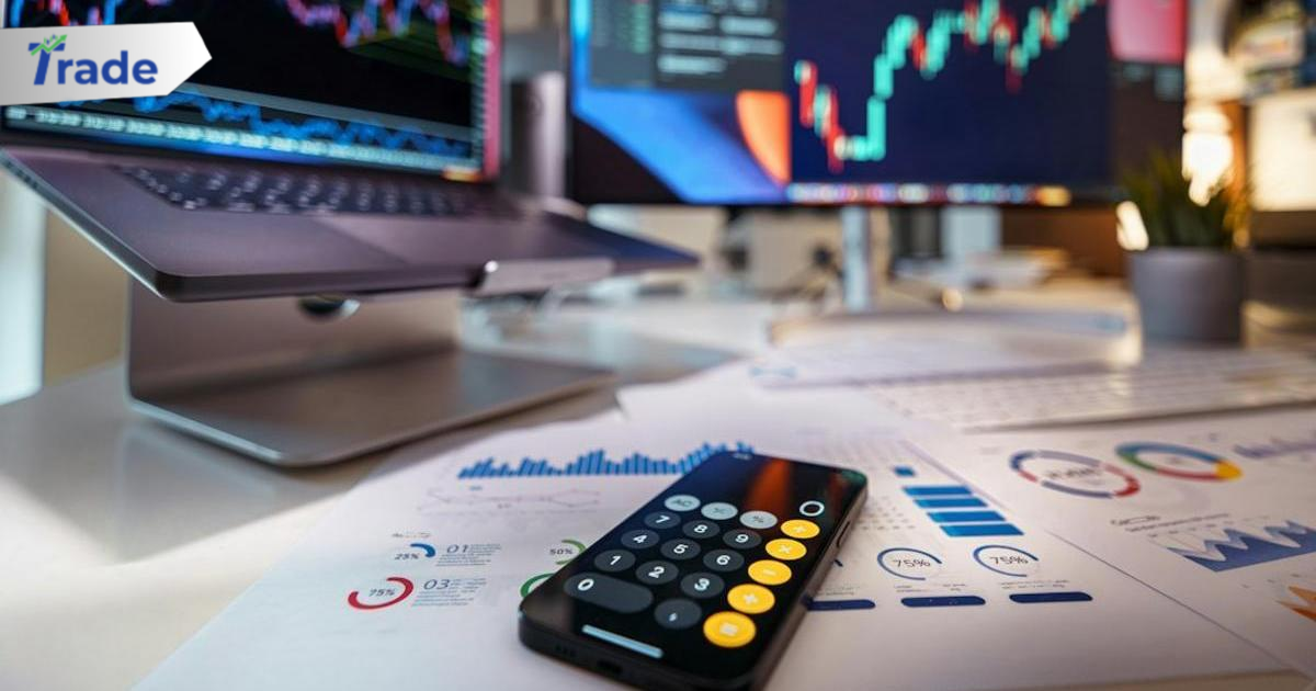 smartphone calculator on desk with financial charts behind